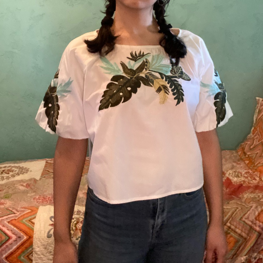 Puff Sleeve White Crop Blouse Tropical Leaves